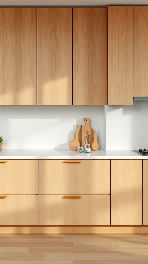 A minimalist kitchen countertop featuring light wood cabinetry and wooden kitchen utensils.