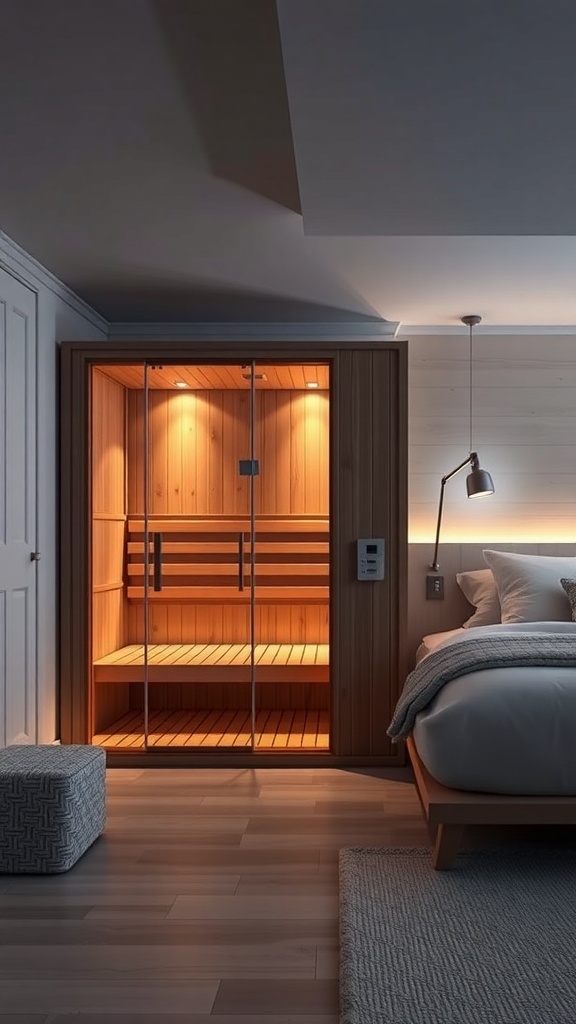 A minimalist wooden sauna next to a bed, featuring glass doors and warm lighting.