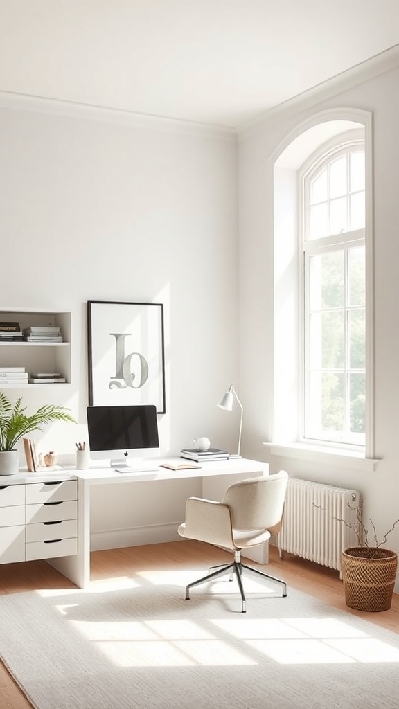 A minimalist home office with a large window, natural light, a sleek desk, and a comfortable chair.