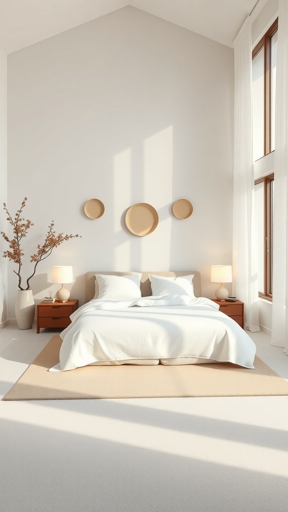 A serene bedroom with minimalist zen bedding, featuring white linens, wooden nightstands, and natural light.