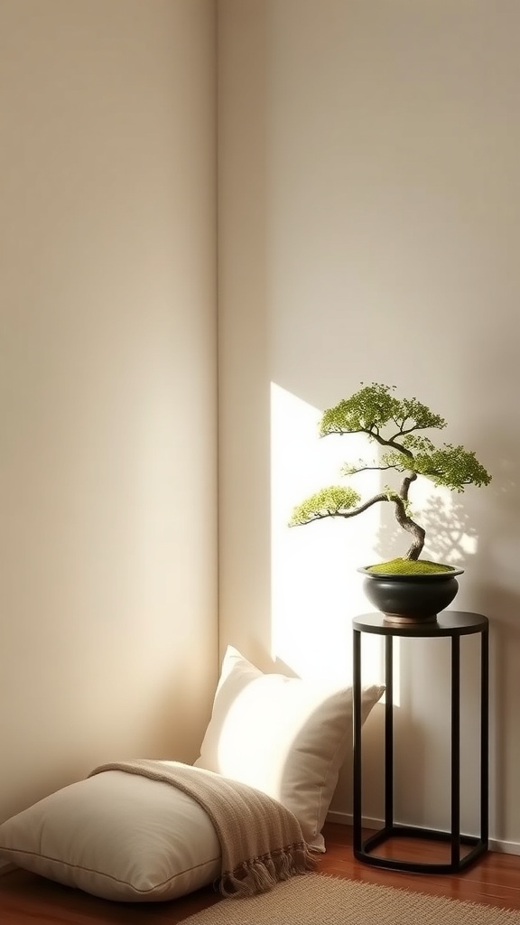 A minimalist zen corner featuring a bonsai tree on a stand, soft pillows, and natural light.