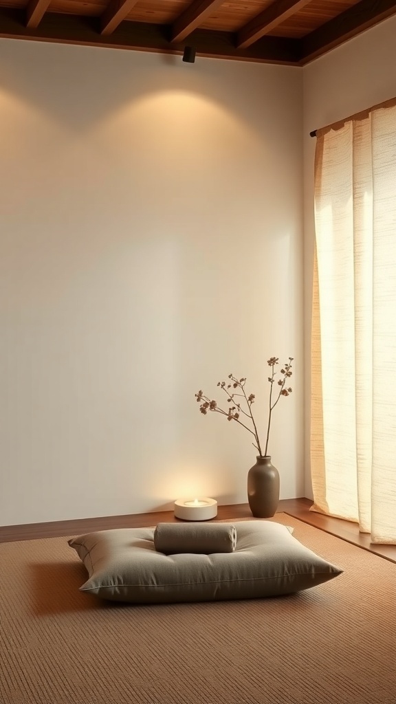 A minimalist zen corner featuring a large cushion, a candle, and a vase with branches.