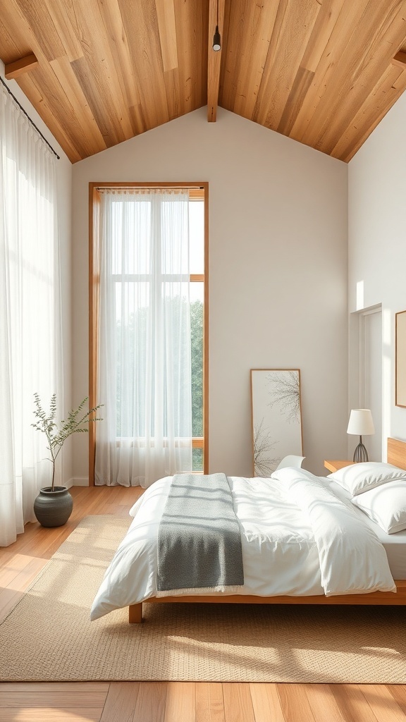 A minimalist bedroom with wooden ceiling, large windows, and simple decor, creating a serene atmosphere.