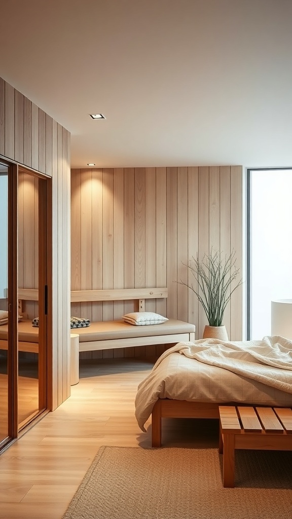 A minimalist bedroom featuring wooden walls, a cozy bed, and a small plant, creating a zen space.