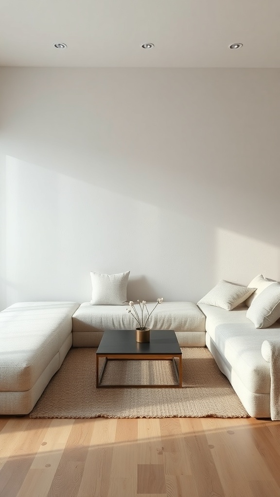 A minimalist zen living room featuring a sunken sofa, neutral colors, and a simple coffee table.
