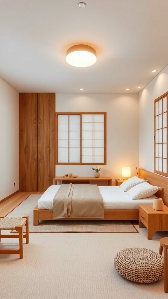 A minimalist zen bedroom featuring wooden furniture, soft bedding, and natural light.