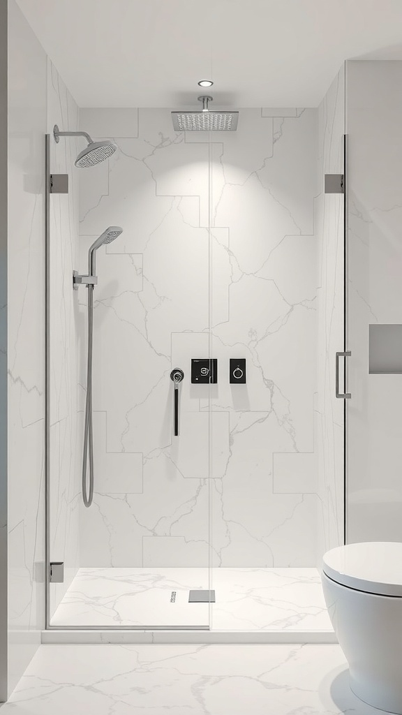 Moderne Walk-In-Dusche mit minimalistischen Armaturen und hellem Fliesendesign