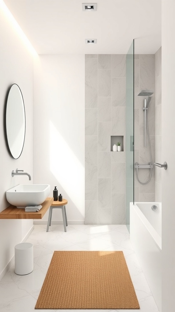 Minimalistisches Badezimmer mit freistehender Badewanne und Blick auf die Stadt