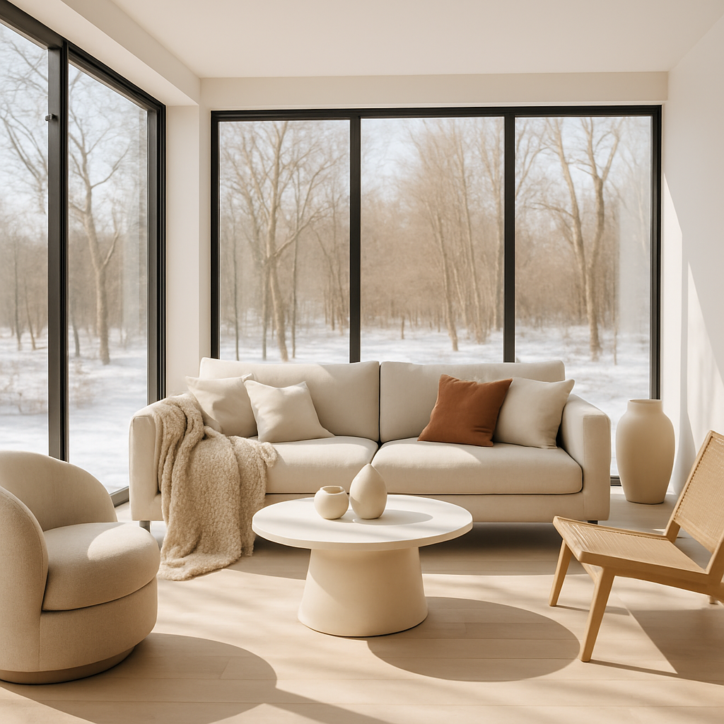 Ein moderner Wintergarten mit minimalistischer Dekoration, großen Fenstern und gemütlichen Möbeln.
