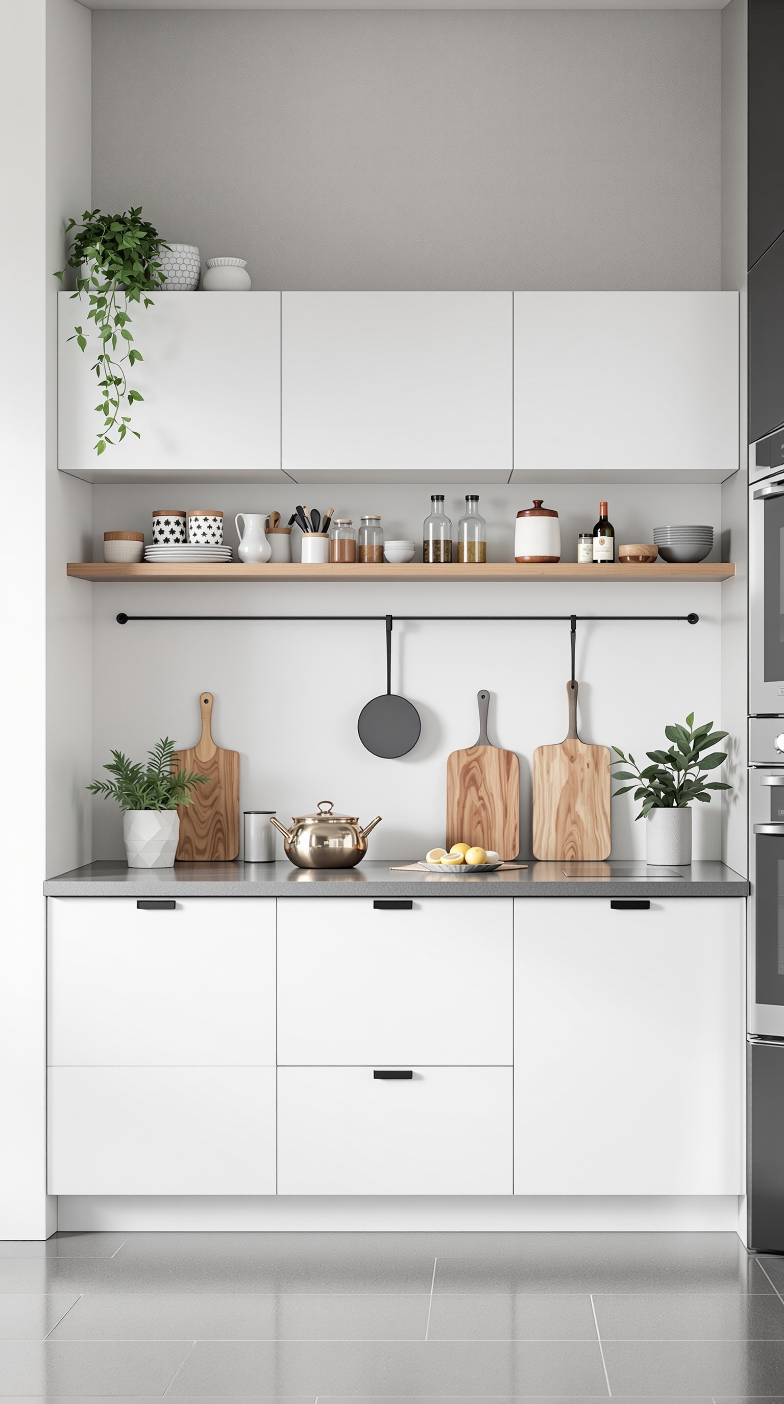 Helle, minimalistische Küche mit weißen Wänden und einem zentralen Küchenblock