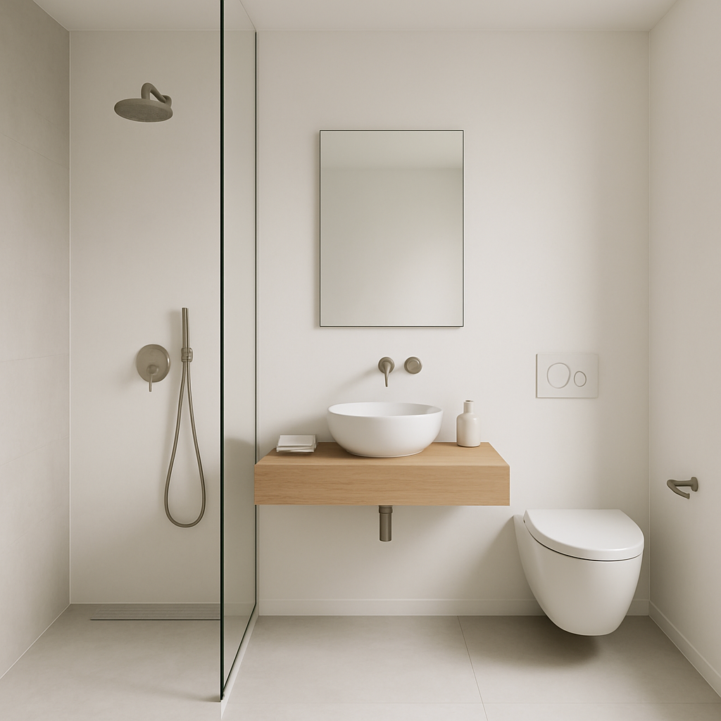 Minimalistisches Badezimmer mit freistehender Badewanne, Duschkabine und natürlichem Licht
