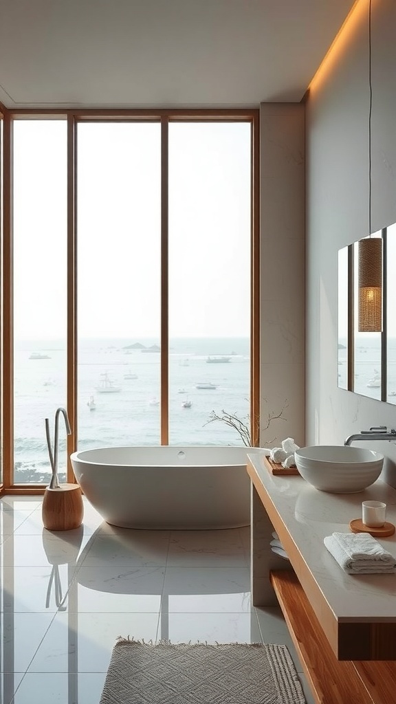 Minimalistisches Japandi-Badezimmer mit Blick auf das Wasser
