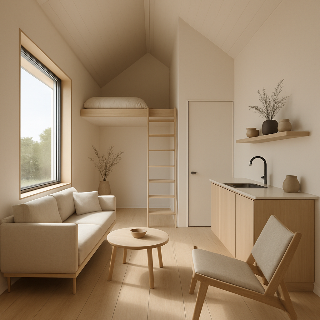 Ein modernes Tiny House mit Holzinterieur und Blick auf die Natur.