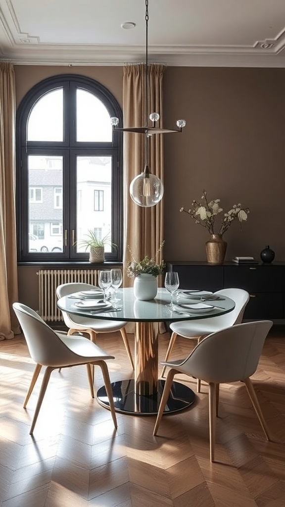 Minimalistischer Essbereich mit großem Tisch, Stühlen und viel Tageslicht