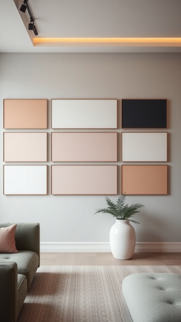 Minimalistische Farbpalette mit sanften Tönen und einer Pflanze in einem modernen Raum