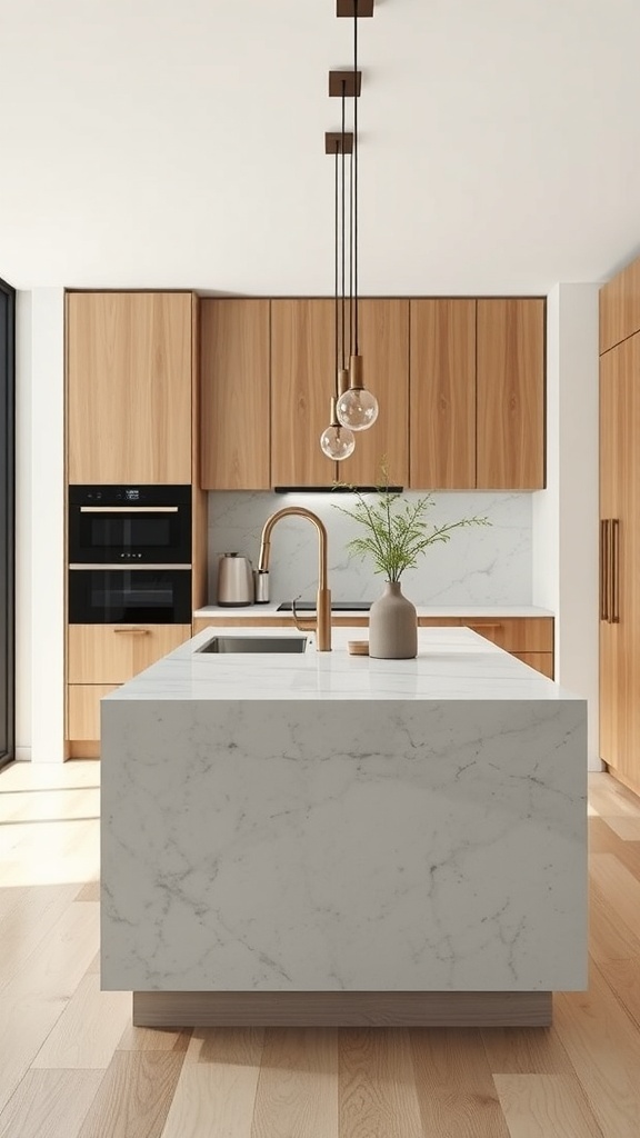 Moderne minimalistische Kücheninsel mit Marmoroberfläche und Holzschränken