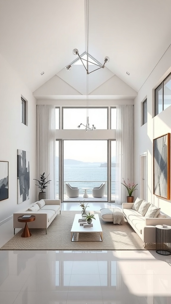 Heller, minimalistischer Wohnraum mit Kunstwerken an den Wänden und Blick auf das Wasser