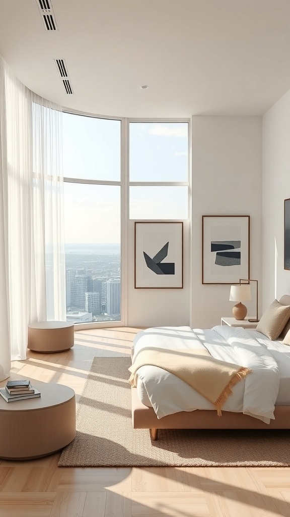 Minimalistisches Schlafzimmer mit Kunstwerken an der Wand und großen Fenstern