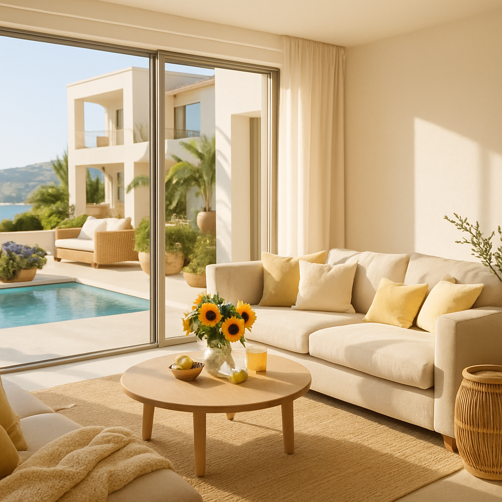 Ein heller, minimalistischer Wohnraum mit einem beigen Sofa, einem Holz-Couchtisch und großen Fenstern, die auf einen Pool und Garten blicken.