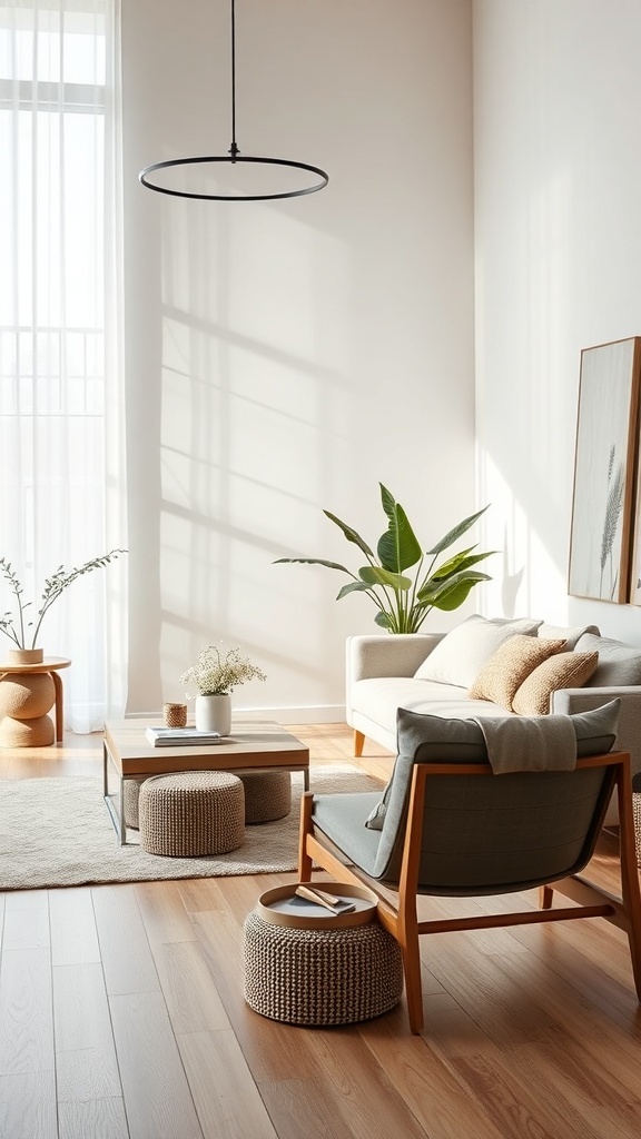 Minimalistischer Wohnraum mit nachhaltigen Möbeln und Pflanzen