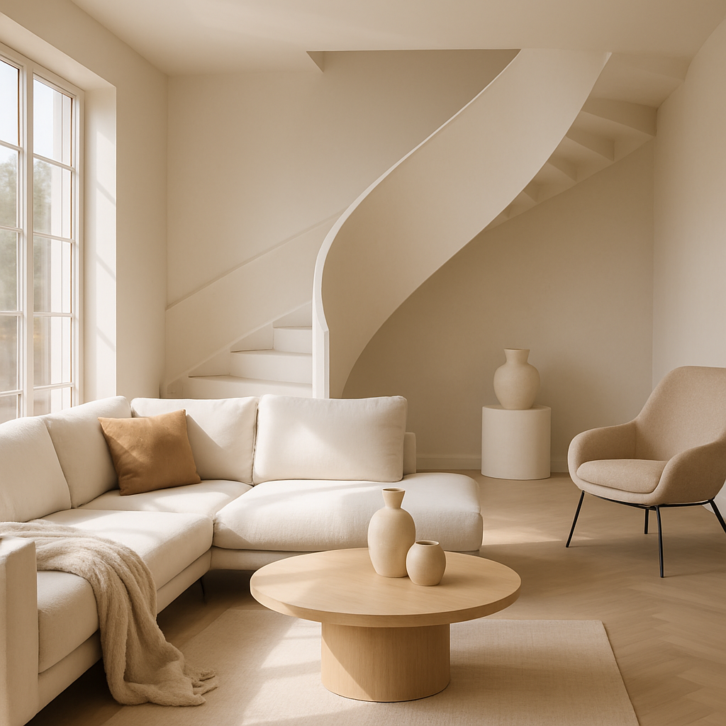 Ein modernes Wohnzimmer mit minimalistischen Möbeln, einschließlich eines hellen Sofas, einem runden Holztisch und einer geschwungenen Treppe.