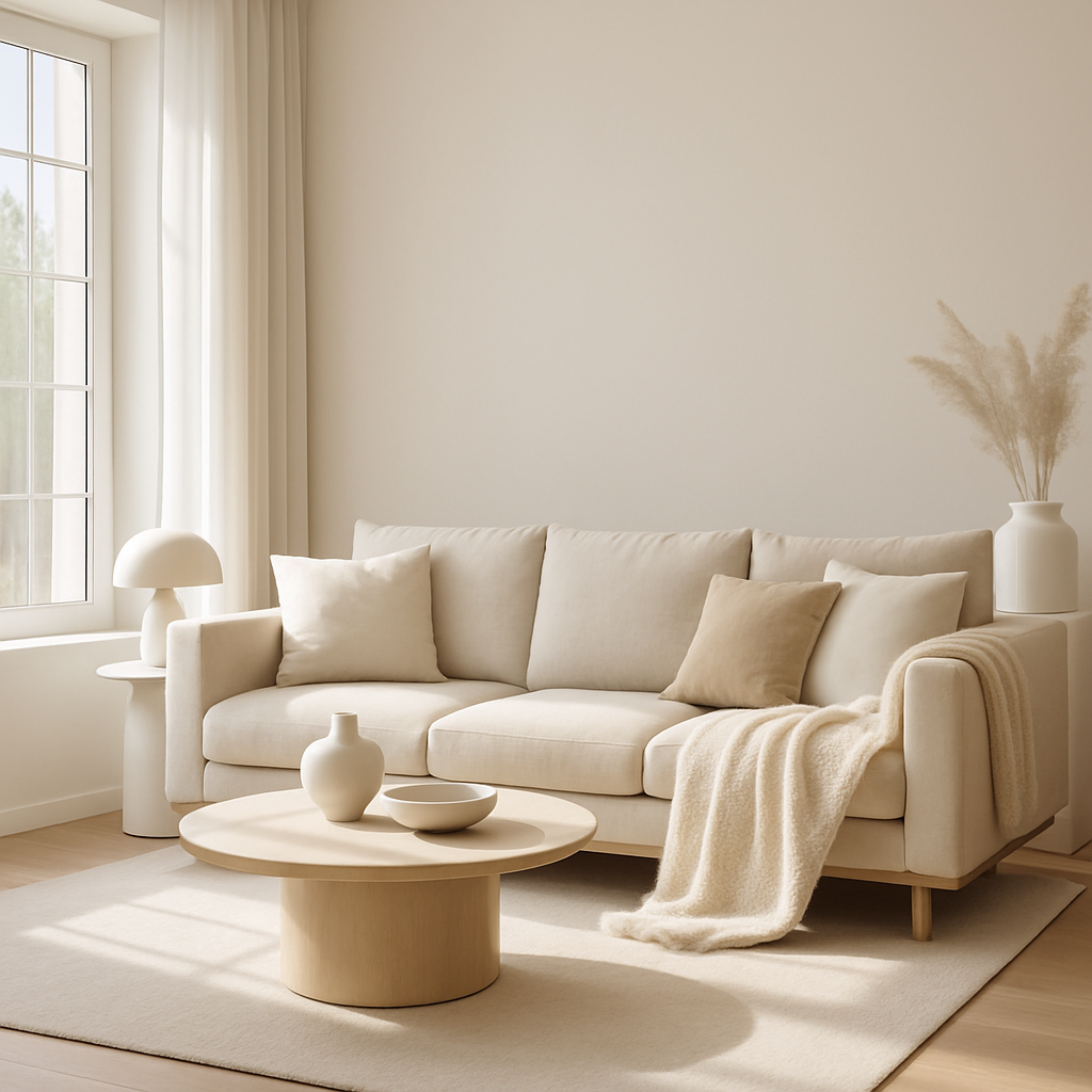 Ein minimalistisches Wohnzimmer mit einem beigen Sofa, einem runden Holztisch und sanften Dekorationen.