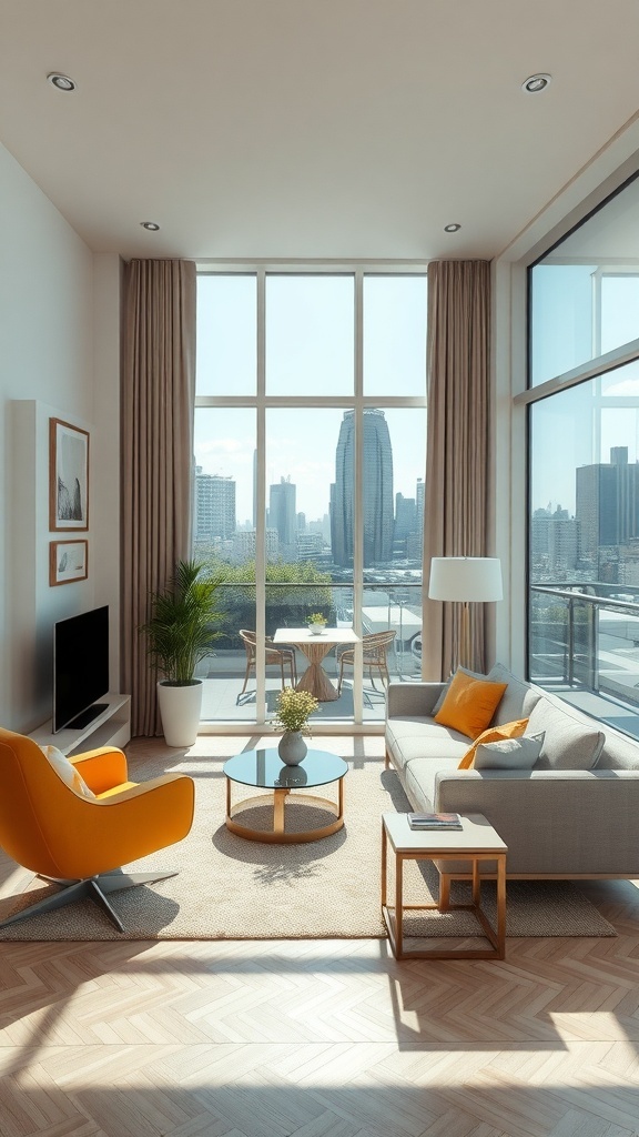 Modernes Wohnzimmer mit minimalistischen Möbeln, großen Fenstern und Pflanzen