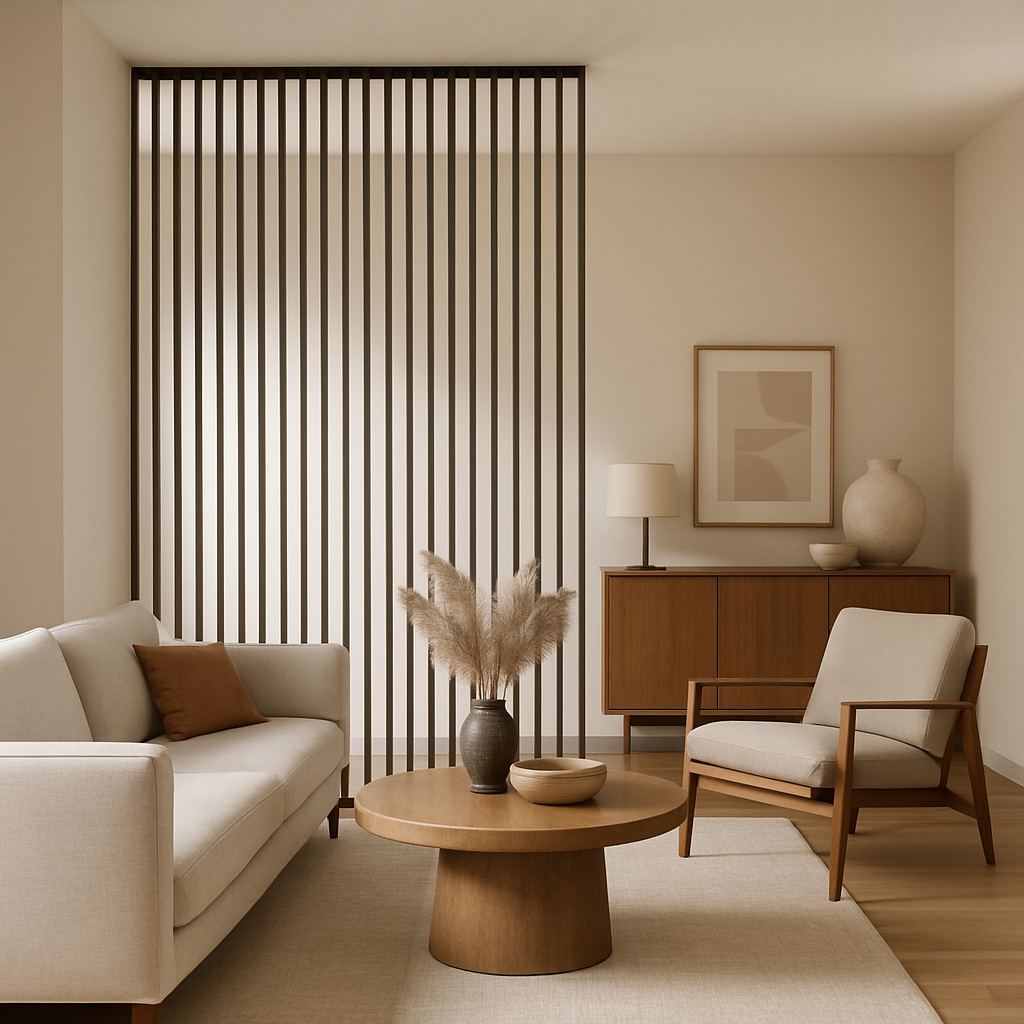 Minimalistisches Wohnzimmer mit Raumteiler aus vertikalen Stäben