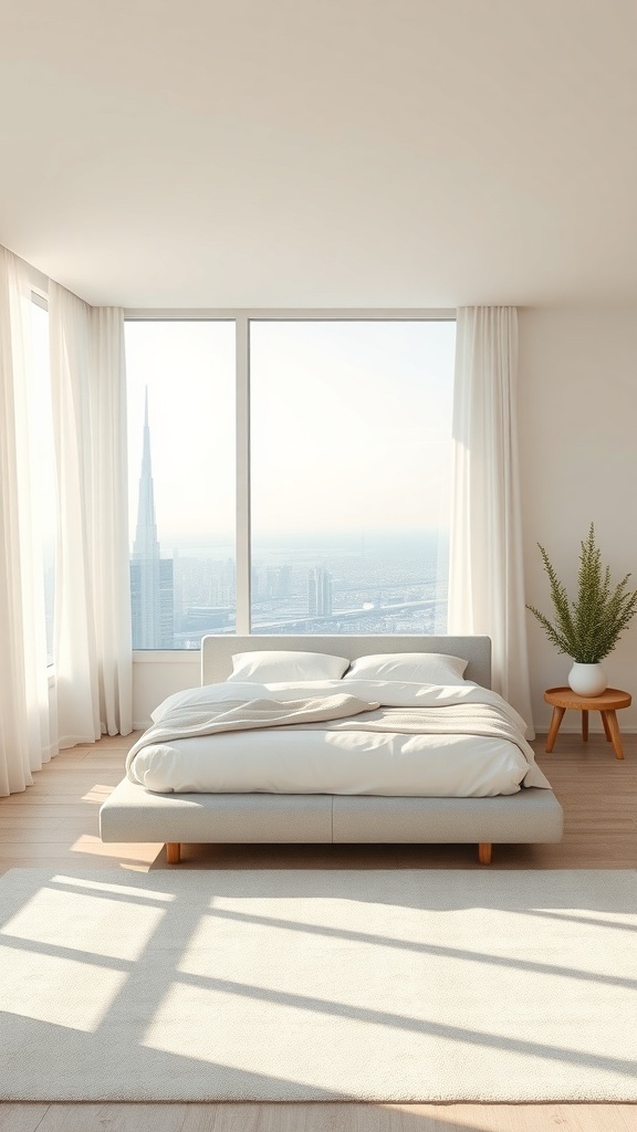 Minimalistisches Schlafzimmer mit großem Fenster und Blick auf die Stadt.