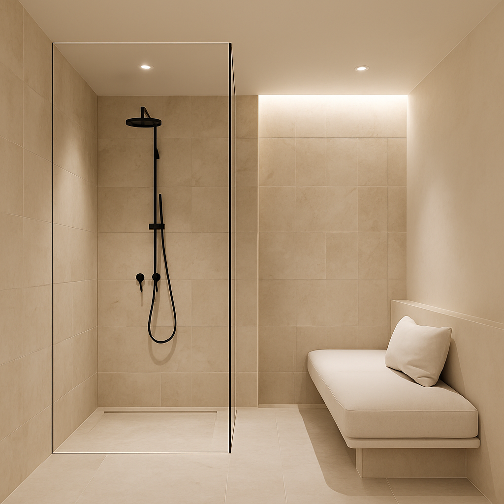 Minimalistische Walk-In-Dusche mit Naturstein und schwarzer Duscharmatur