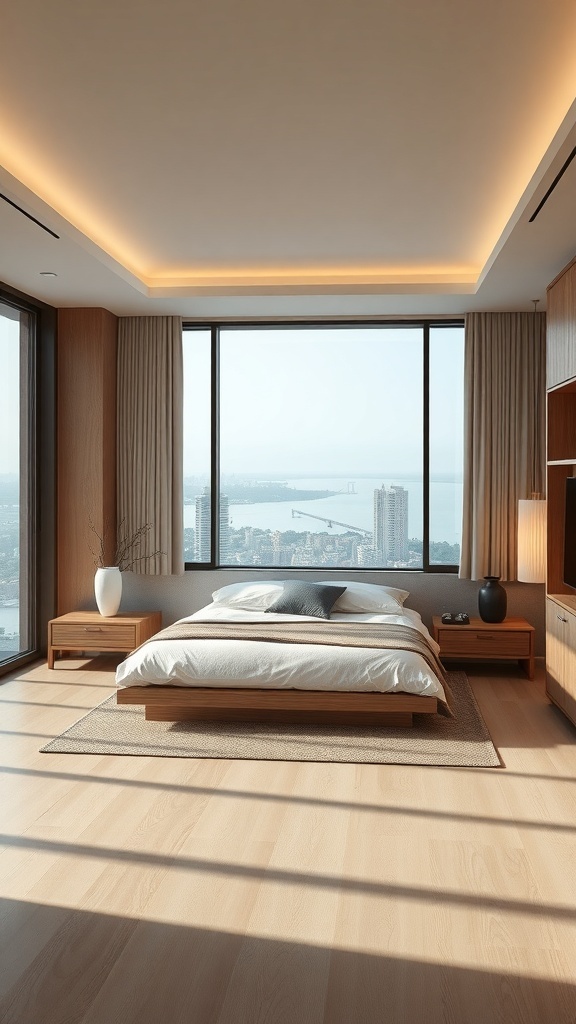 Minimalistisches Zen-inspiriertes Schlafzimmer mit Blick auf die Stadt