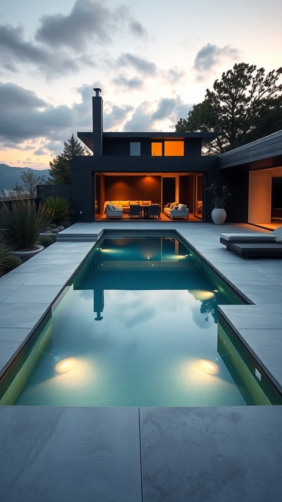 Minimalistischer Betonpool mit modernen Terrassen und Beleuchtung