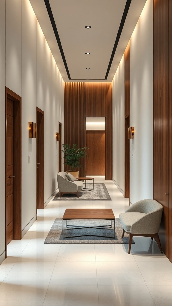 Minimalistischer Flur mit Holzdetails und modernen Möbeln