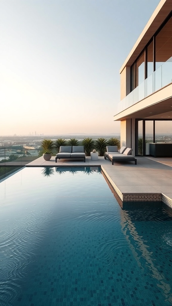 Minimalistischer Pool mit Wasserfall und modernen Liegen