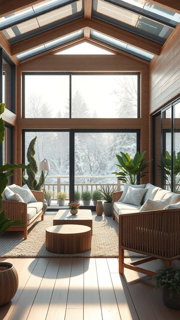 Minimalistischer Wintergarten mit Holzdetails, großen Fenstern und Pflanzen