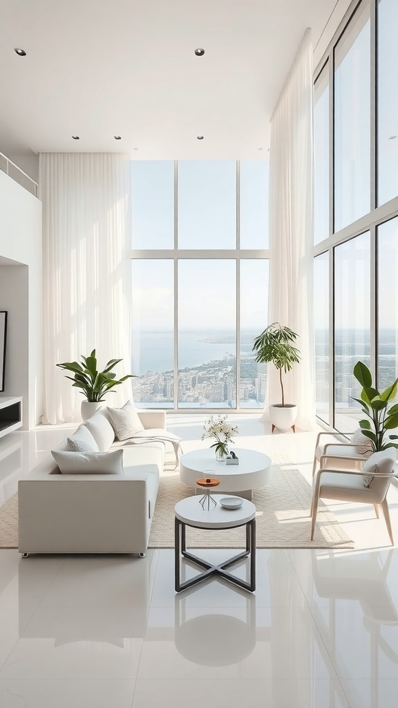 Helle, minimalistische Wohnlandschaft mit großen Fenstern und modernen Möbeln