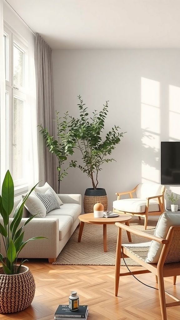 Heller, minimalistischer Wohnraum mit Pflanzen und stilvollen Möbeln
