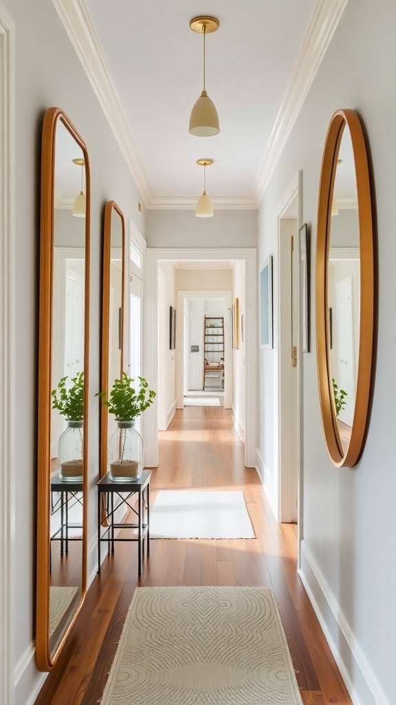 A stylish hallway with three large mirrors and a wooden floor, enhancing the space.