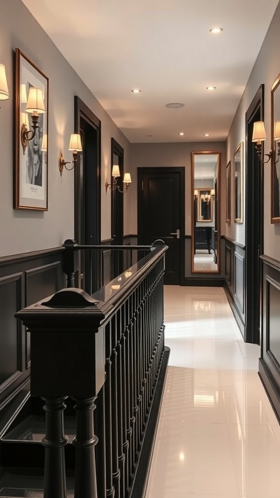 A stylish hallway with a black bannister, light-colored walls, and mirrors reflecting light.