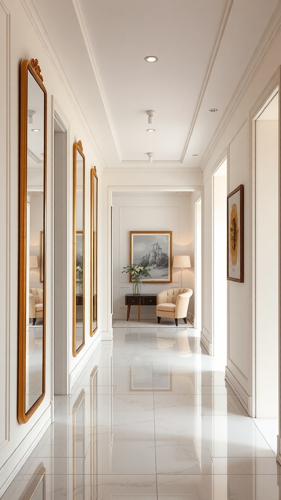 A stylish bungalow hallway featuring elegant mirrors and soft decor.