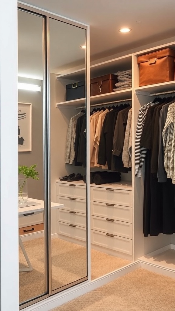 A modern closet featuring mirrored doors and organized shelves with clothing and accessories.