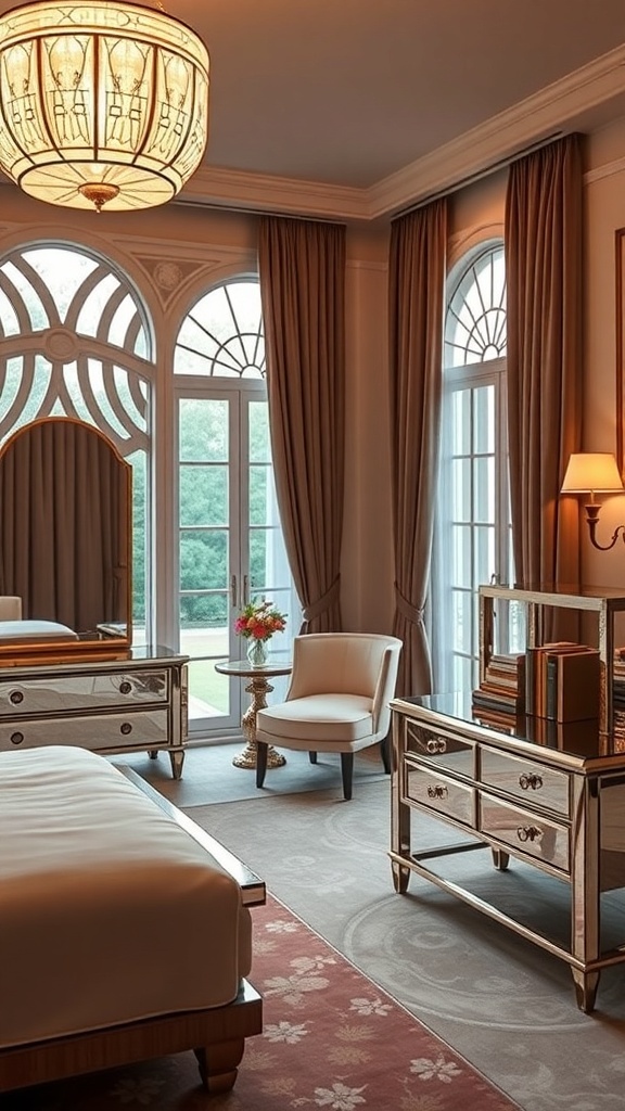 A stylish Art Deco bedroom featuring mirrored furniture, elegant drapes, and a chandelier.
