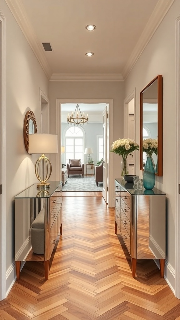 A stylish hallway featuring mirrored furniture, warm herringbone flooring, and decorative accents.