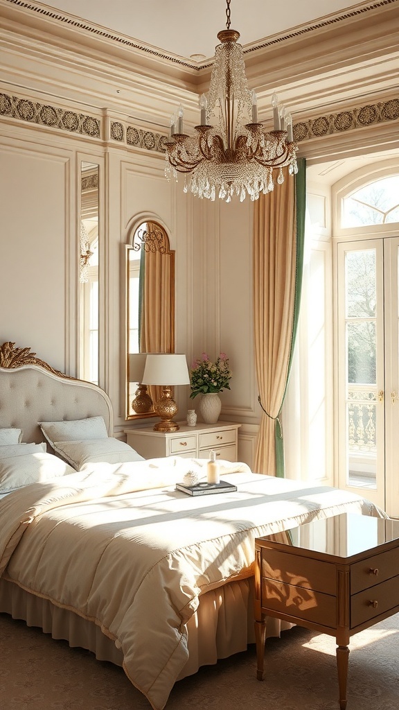 An elegant Art Deco bedroom featuring mirrored surfaces, a chandelier, and soft color tones.
