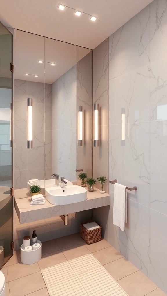 A stylish small bathroom featuring mirrored walls, bright lighting, and modern fixtures.