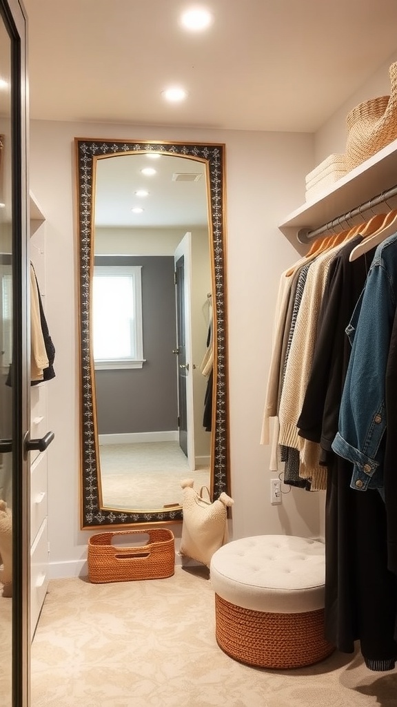 A cozy walk-in closet featuring a large mirror with an elegant frame, neatly organized clothing, and soft lighting.