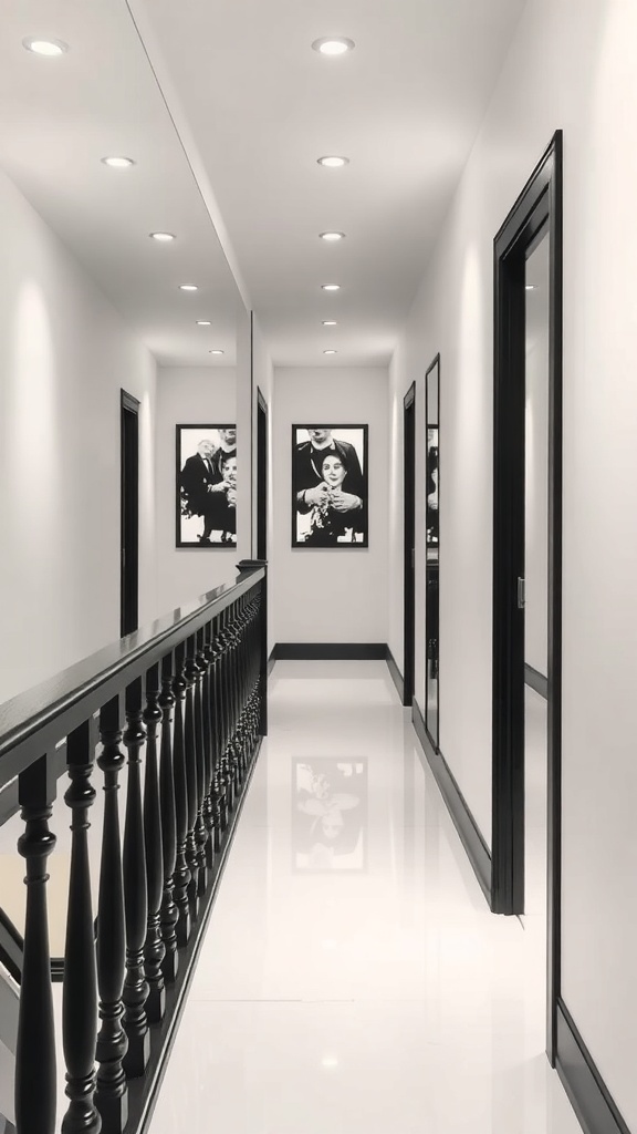 A modern hallway featuring a black bannister, glossy floor, and framed artwork on the walls.
