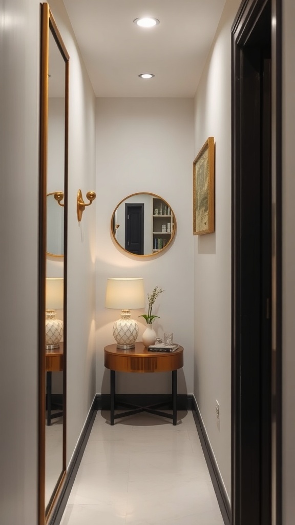 A stylish narrow hallway featuring tall mirrors, plants, and elegant lighting.