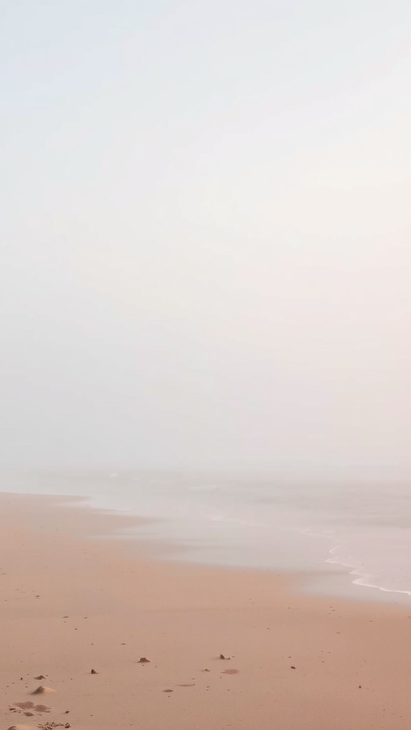 A misty morning at the beach with soft colors and gentle waves.