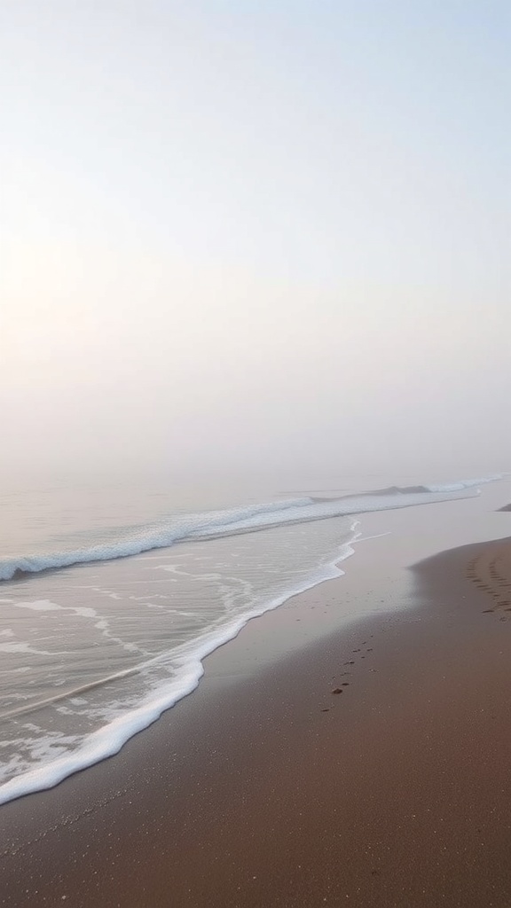 A misty morning at the beach with gentle waves and footprints in the sand.